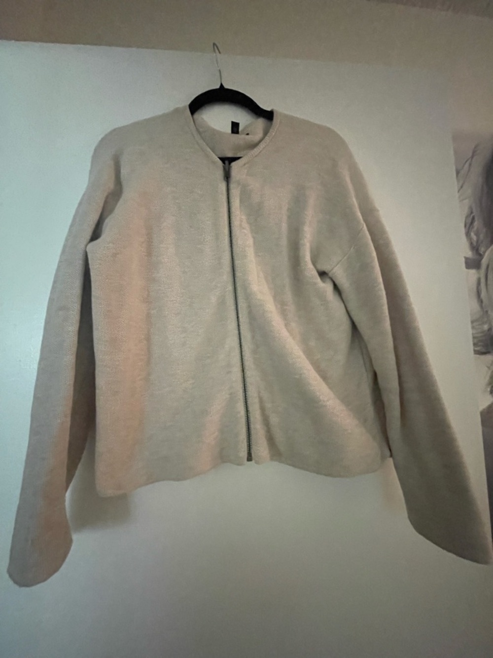 Eileen Fisher Soft Cream Zip-Front Organic Cotton sweater.
